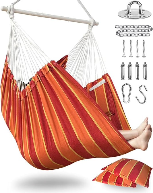 XXL Hammock Chair Hanging Rope Swing with 2 Cushions - Max 500lbs-Perfect for Patio, Porch, Bedroom, Backyard, Indoor or Outdoor - Includes Hanging Hardware Kits