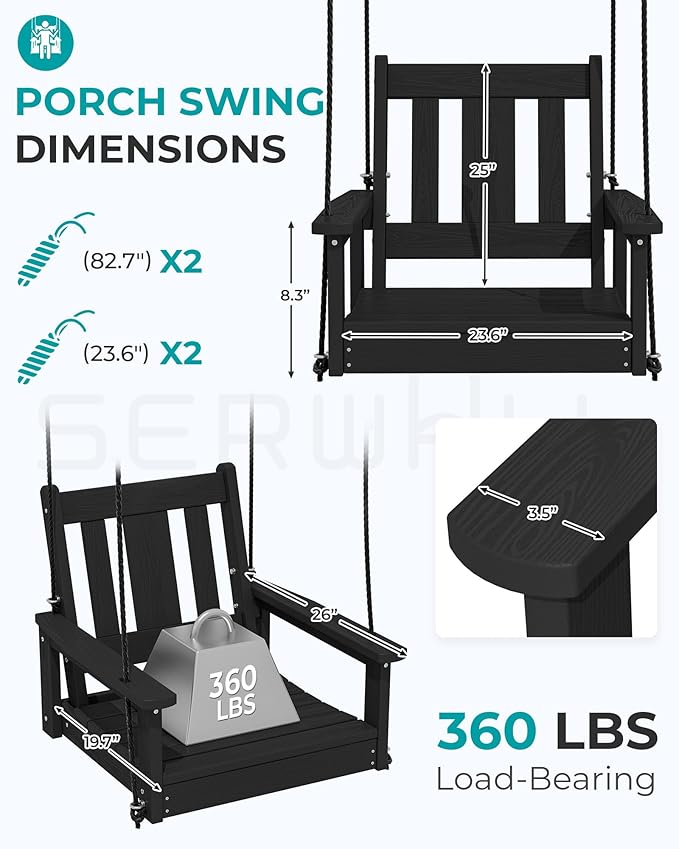 SERWALL HDPE Single Porch Swing Set of 2, Heavy Duty Single Person Swing Chair with 2 Polypropylene Hanging Ropes, Adirondack Hanging Chair for Outdoor Front Porch Patio Garden Yard, Black