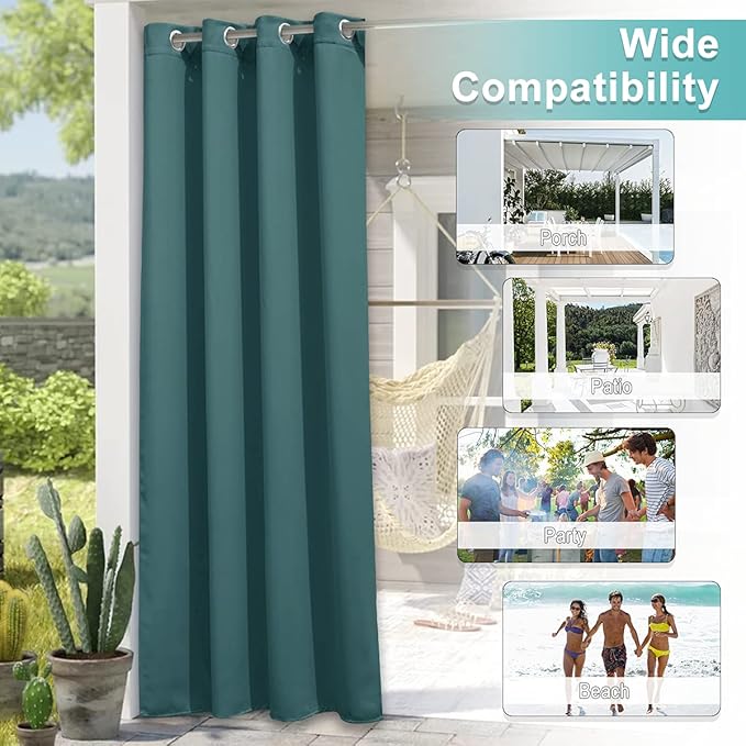 NICETOWN Waterproof Outdoor Gazebo Curtain W120 x L84, Rustproof Grommet Blackout Weighted Outdoor Drape Thermal Insulated Sunlight Block Panel for Sun Room/Porch, Teal, 1 Piece