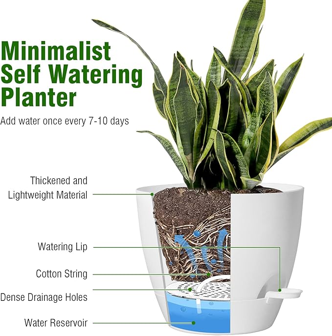 10 inch Self Watering Pots, 2 Pack Plastic Planters with Mesh Drainage Holes for Garden Plants and Flower, Plants Pots with Deep Reservoir for Indoor Outdoor Plants, White