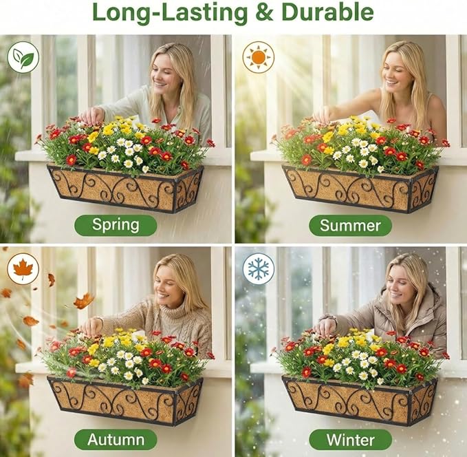 Y&M 24 Inch Window Deck with Coco Liner, Fence Metal Hanging Flower Planter Window Basket Deck Railing Planter Boxes for Outdoor Garden Lawn-Butterfly, 4pcs