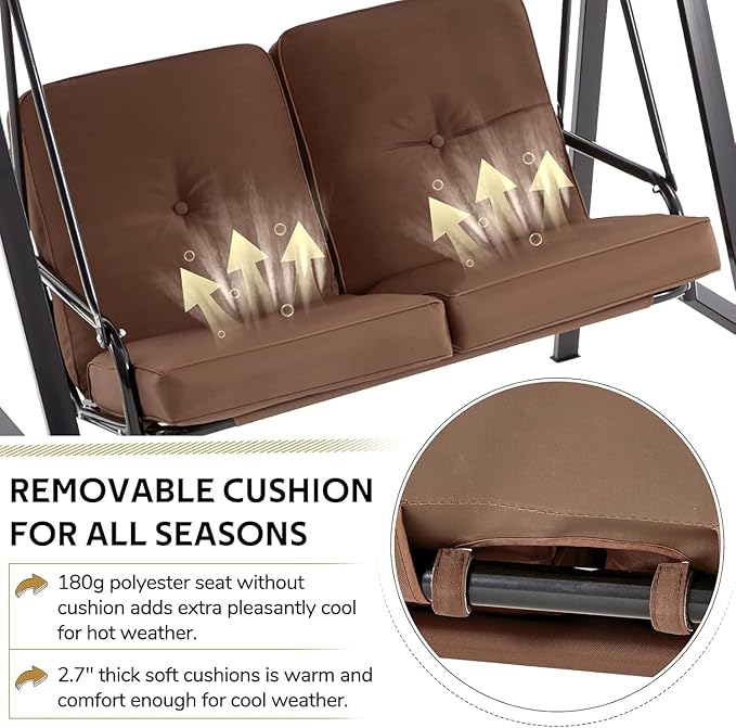 AECOJOY Outdoor Patio Swing Chair for Adults, 2-Seat Porch Swings with Adjustable Canopy, Outside Swing Bench with Removable Cushion, Suitable for Backyard, Garden, Yard, Poolside, Balcony