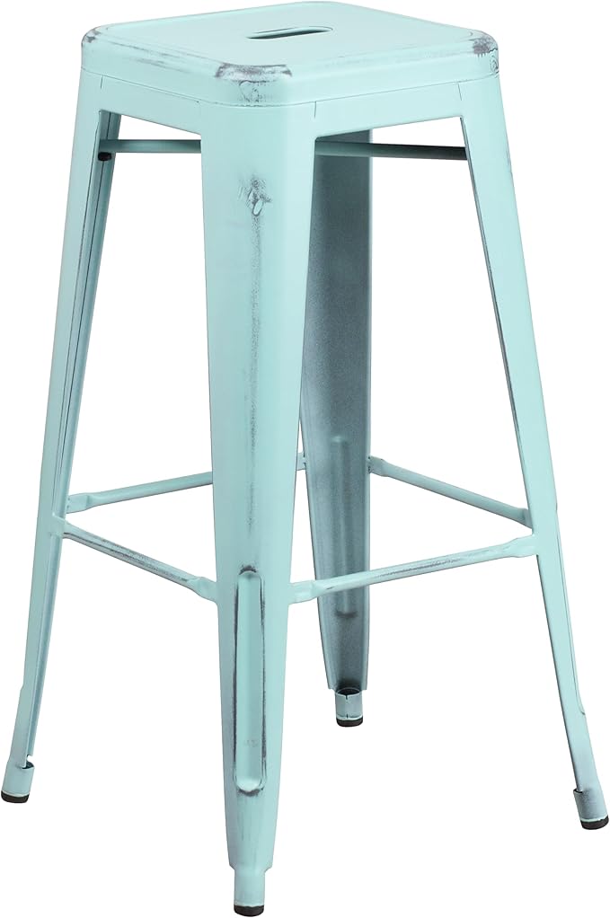 Flash Furniture Kai Commercial Grade 30" High Backless Distressed Green-Blue Metal Indoor-Outdoor Barstool
