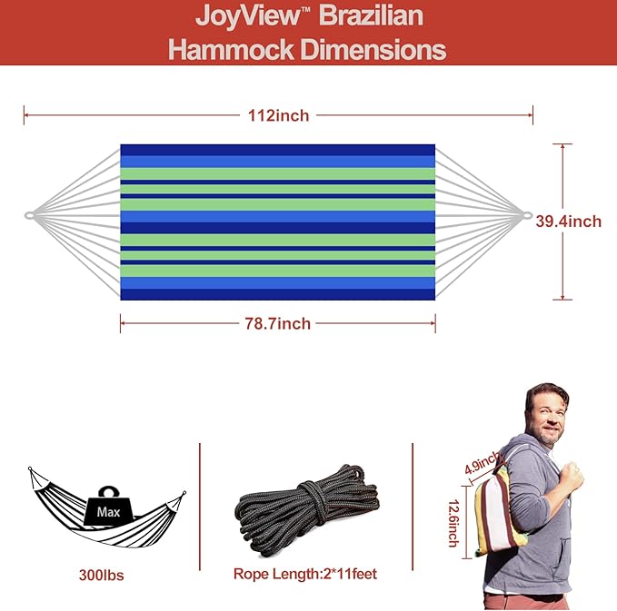 JoyView Brazilian Hammock for Single Person Portable Hammock with Hanging Ropes & Carry Bag Large 78.8x39.4” for Patio 300LBS Capacity Perfect for Outdoor/Indoor - Blue Stripes