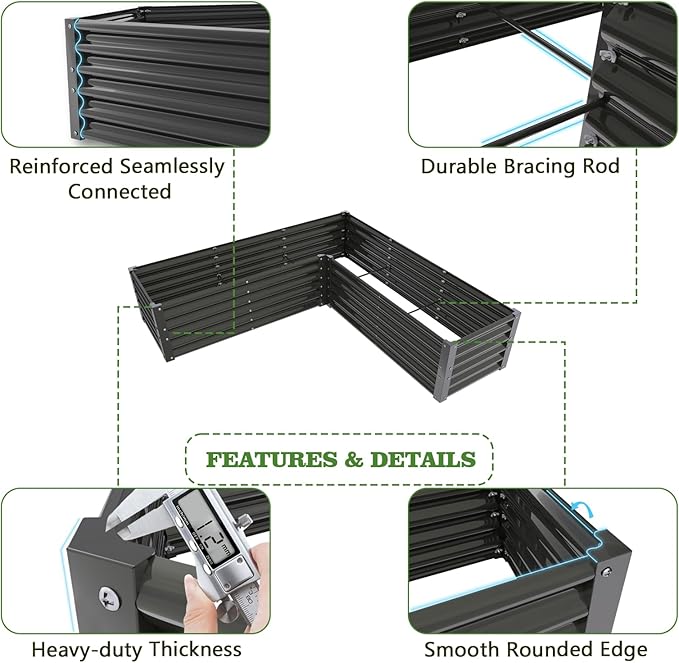 A ANLEOLIFE Set of 12 18 Inch Tall Raised Garden Beds Kit, Rectangular & L-Shaped Combo Metal Planters – Ideal for Backyard DIY Creative Layouts, Quartz Grey