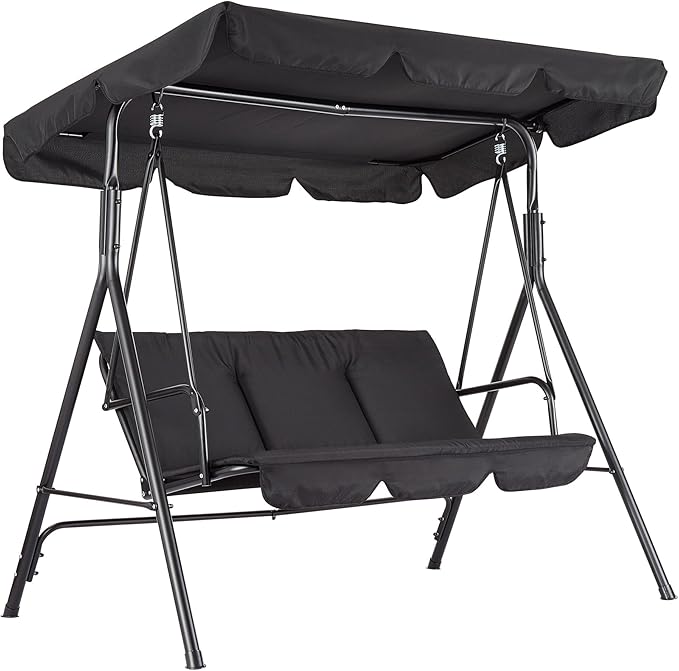Porch Swing Chair with Adjustable Canopy for Adults 3-Seat Patio Glider Bench with Thick Cushions Steel Frame Outdoor Swing Chair for Backyard Lawn Garden Black
