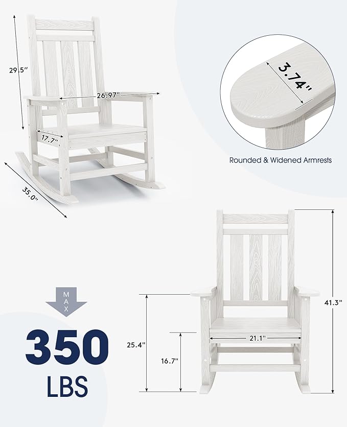 KINGYES Oversized Outdoor Rocking Chair Set of 4, All-Weather Patio Rocking Chairs for Porch, HDPE Outdoor Patio Rockers with High Back & Wide Seat for Garden, Lawn, White