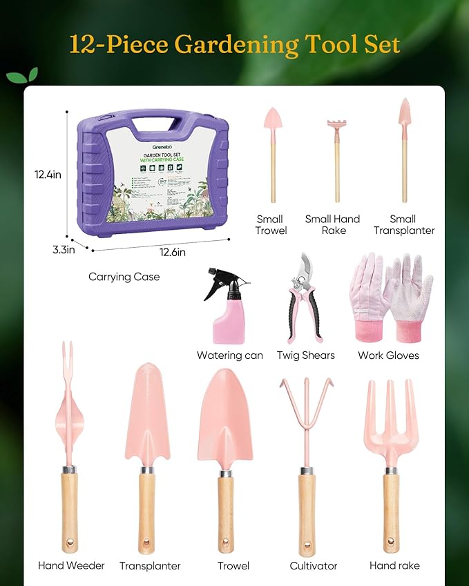 Grenebo 12-Piece Womens Gardening Tools Gift Set, Rust-Proof & Heavy-Duty Garden Tools with Durable Carrying Case, Fashionable & Thoughtful Gardening Gifts for Women&Men (Purple-Pink)