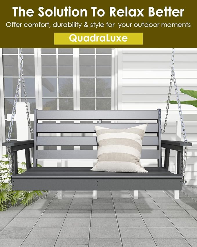 GREENVINES Porch Swing | 51’’ | HDPE Plastic | for Outdoor Patio | All Weather | Waterproof Bench Swings | w/ 4 Stainless Steel Chains | Grey