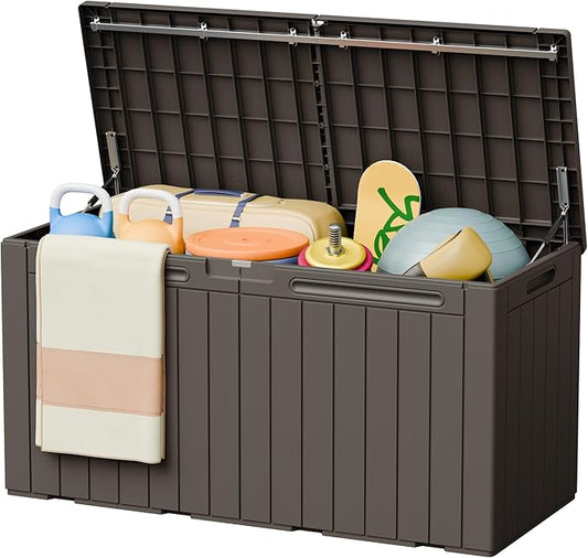 Greesum 110 Gallon Outdoor Storage Box with Lockable Lid, All-Weather Solution for Patio Furniture, Pool Supplies & Garden Tools, Waterproof, UV-Resistant Large Deck Box, Brown