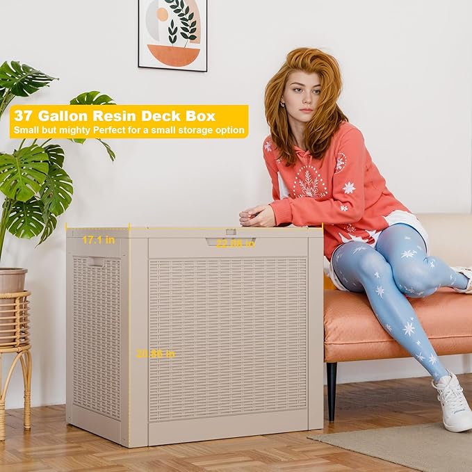 37 Gallon Outdoor Deck Box, Lockable Waterproof Outdoor Storage Boxes For Garden Tools,Indoor Cushions,Accessories Outside Storage Resin Weatherproof Container(Grey)