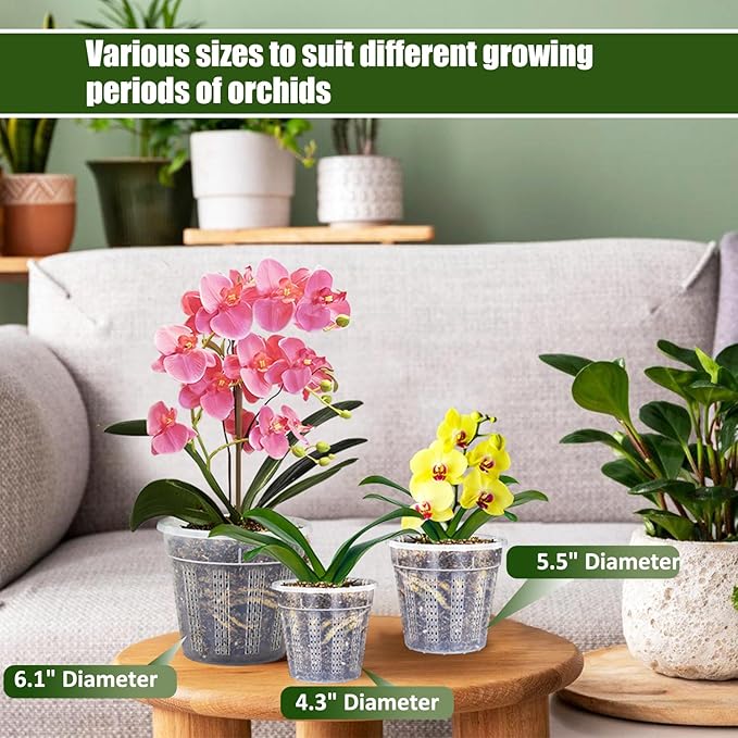 Orchid Pot, 2 Each of 4.3",5.5",6.1" Orchid Pots with Holes, Orchid Pots for Repotting, Plastic Orchid Planter for Indoor Outdoor Plants (2 Each of 4.3",5.5",6.1")