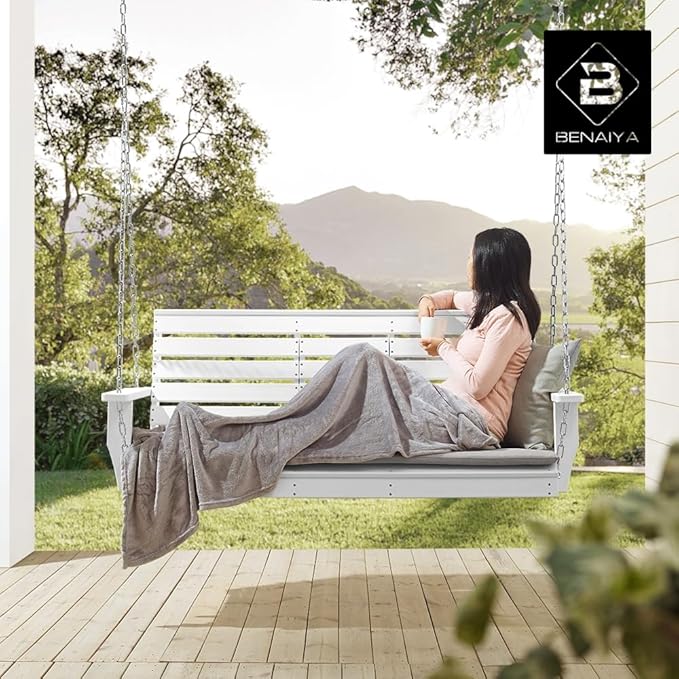 Premium Poly Lumber Porch Swing with Mounting Kit – All-Weather HDPE Hanging Bench with Cup Holders & Steel Chains for Patio or Backyard