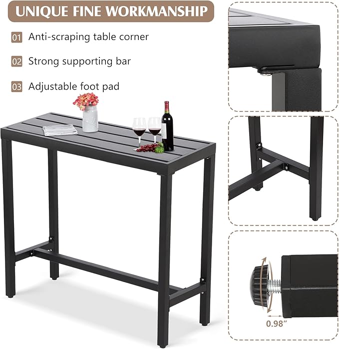 Outdoor Bar Table, Patio Counter Height Bar Table, 55" Rectangle Bar Tables for Patio, Garden, Yard, Balcony, Poolside (Black)