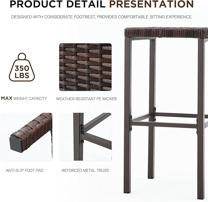 HOMREST Outdoor Tiki Bar Set, 3 Pieces Wicker Patio Bar Set w/2 Height Stools, Storage Shelf, Canopy, Plastic Wood Tabletop for Backyard Poolside Garden, Brown