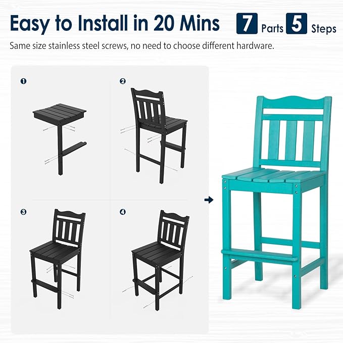 nalone Outdoor Adirondack Chairs and Table Set - HDPE 3 Piece Garden Set with Bar Stools (Aruba)