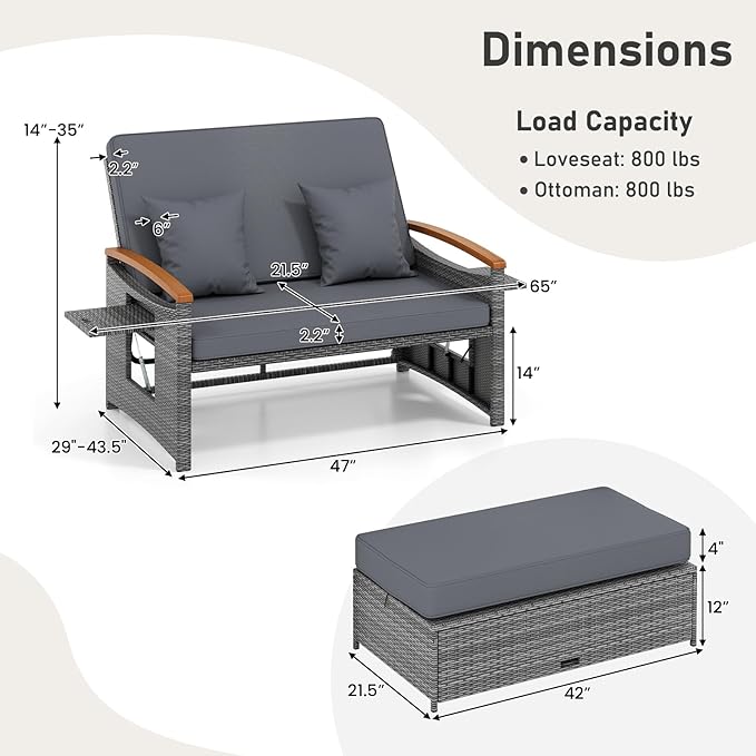LDAILY Moccha Outdoor Wicker Daybed, Patio Rattan Loveseat Sofa w/ 4-Level Adjustable Backrest, Folding Panels, Storage Ottoman & Cushions, Lounge Furniture Set for Poolside Backyard Porch (Grey)