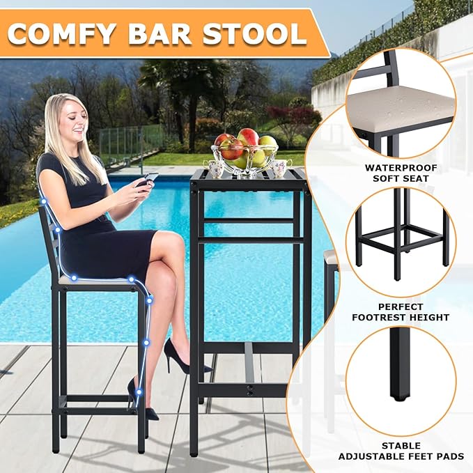 3 Piece Outdoor Patio Bar Set, 50" Rectangular Counter Height High Top Bar Table Patio Bar Set, 2 Cushioned 41" Bar Stools Modern Metal Outdoor Bar Set for Poolside, Balcony, Backyard, Porch