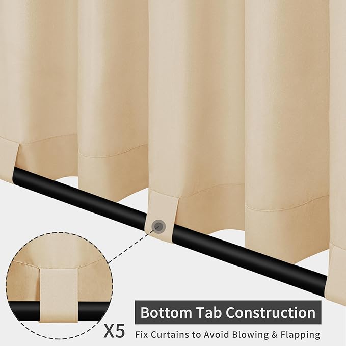 Easy-Going Outdoor Patio Curtains Detachable Tab Top Windproof Weatherproof Curtain for Cabana, Porch, Pergola and Gazebo, Tab Bottom Drape, 2 Panels, 110W x 84L inch, Beige
