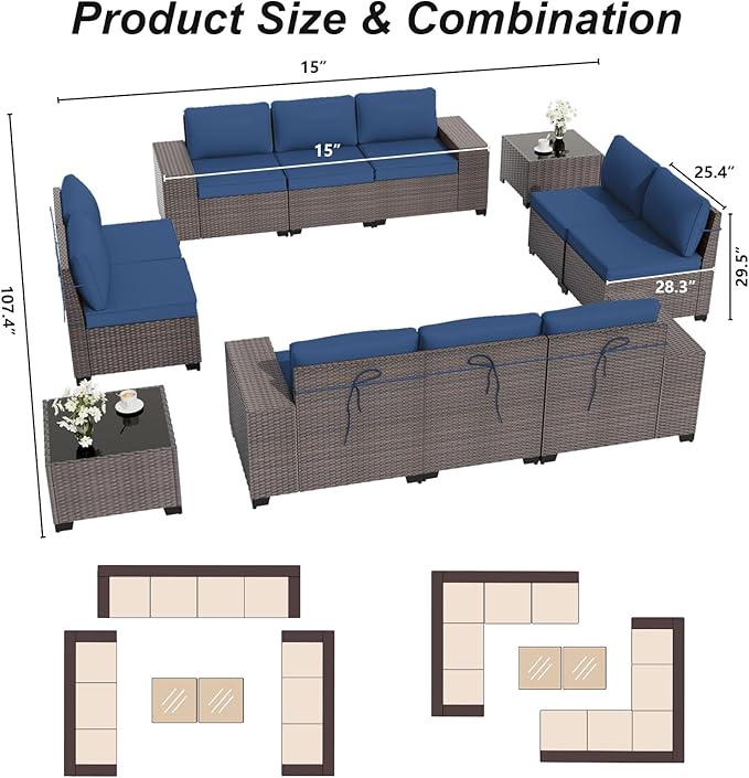 ALAULM 12 Pieces Outdoor Patio Furniture Set Sectional Sofa Sets Brown PE Rattan Patio Conversation Set w/10 Dark Blue Seat Cushions and 2 Coffee Tables