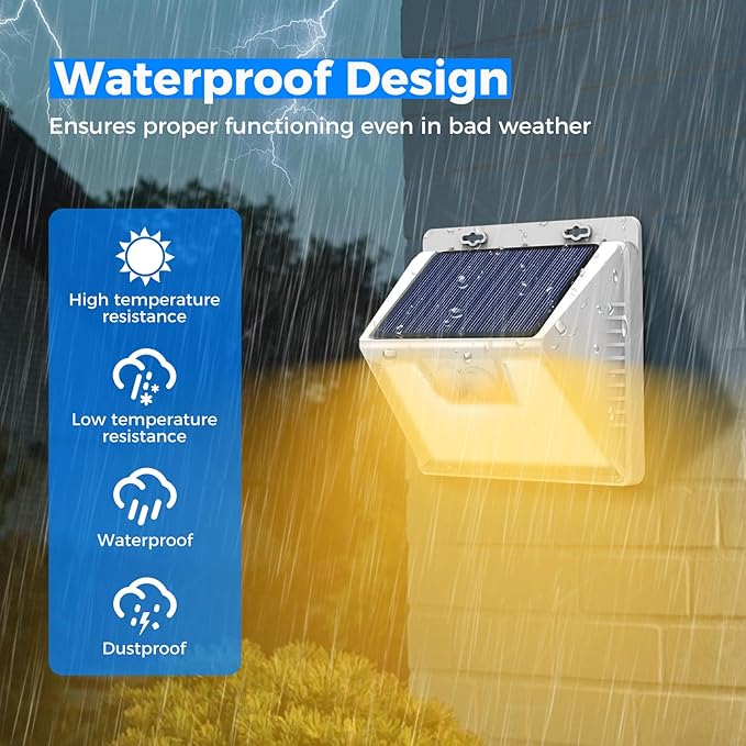 Peasur Solar Lights Outdoor Motion Sensor Waterproof, 1Pack 140LED White Solar Powered Fence Lights, 3 Modes Security Wall Lights for Garden Yard Outside Warm