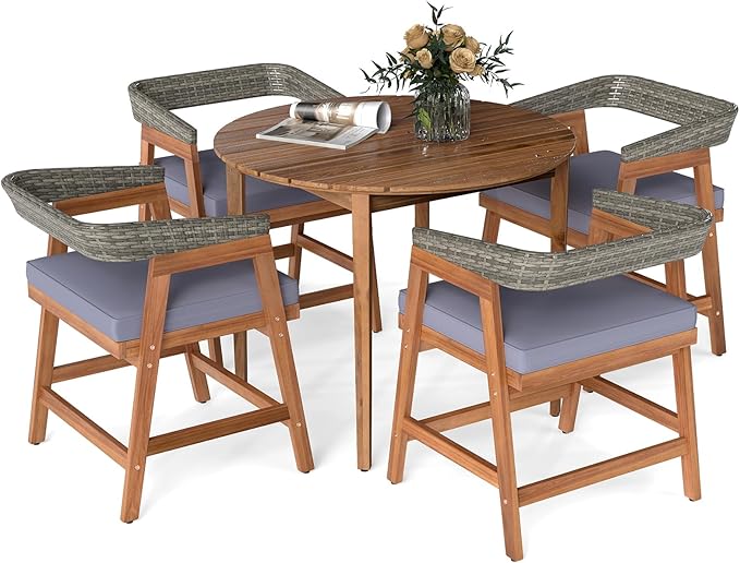 Tangkula 5 Piece Patio Dining Set for 4, Outdoor Solid Wood Round Table with Cushioned Chairs, for Deck, Lawn, Garden and Poolside