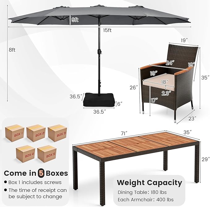 Tangkula 11 Piece Rattan Outdoor Dining Set with 15Ft Patio Umbrella for 8, Outdoor Wicker Table Set with 8 Cushioned Armchairs, Acacia Wood Top, Outdoor Umbrella with Base Included