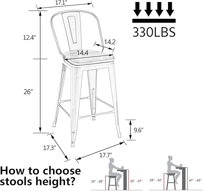 Alunaune 26" Swivel Metal Bar Stools Set of 4 High Back Counter Height Barstools Industrial Dining Bar Chairs with Large Wooden Seat-White