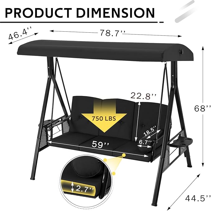 AECOJOY Outdoor Porch Swing, 3-Seat Porch Swing with Adjustable Canopy, Outdoor Swings for Adult with Black Removable Cushions for Backyard, Garden, Yard, Poolside, Balcony
