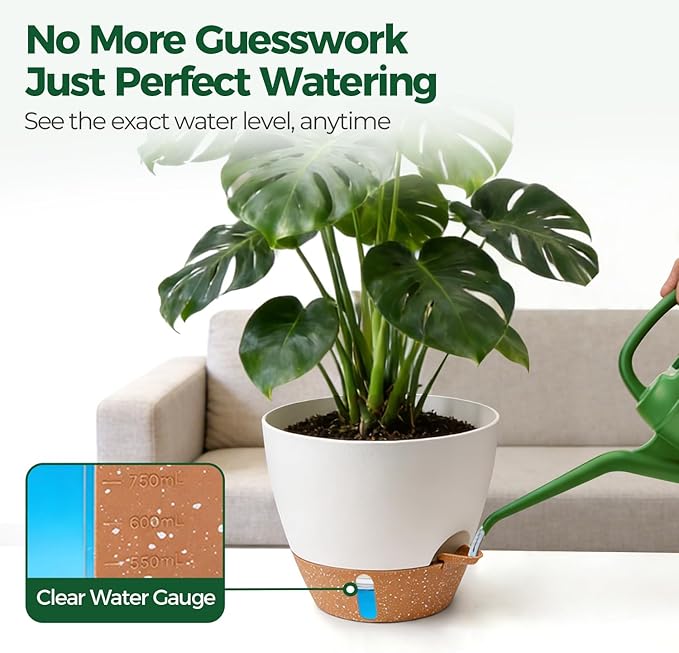 T4U 3 Pack Self Watering Pots (8"+10"+12") - Water Level Indicator & Deep Reservoir, Mess-Free Planters for Busy People, Beginners & Gardeners, Fits Pothos to Monstera, Indoor Outdoor Use (White)