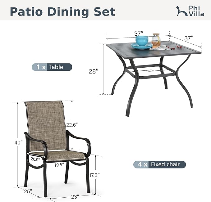 PHI VILLA Patio Dining Set for 4 Person,Square Metal Slat Table with Umbrella Holes and 4 High Back Fixed Chairs All Weather Outdoor Table and Chairs Set for Deck Garden Yard