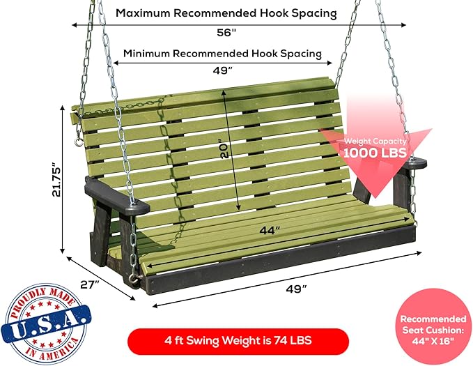 Poly Lumber Wood 4FT Porch Swing Amish Craftsmandship Made in USA HDPE with No wood fibers and 1000 lbs Limit. Stainless Steel Hardware.Signature Rollback design for Patio Outdoor Backyard Garden Park
