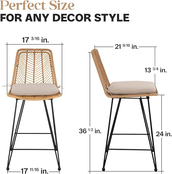 IDZO Rattan Counter Height Bar Stools, 36.5" Tall, 400lbs Capacity, Durable Steel Frame, Plush Cushions, Use for Outdoor & Indoor, Ideal for Kitchen Island & Bar, Stylish Bar Stools Set of 2