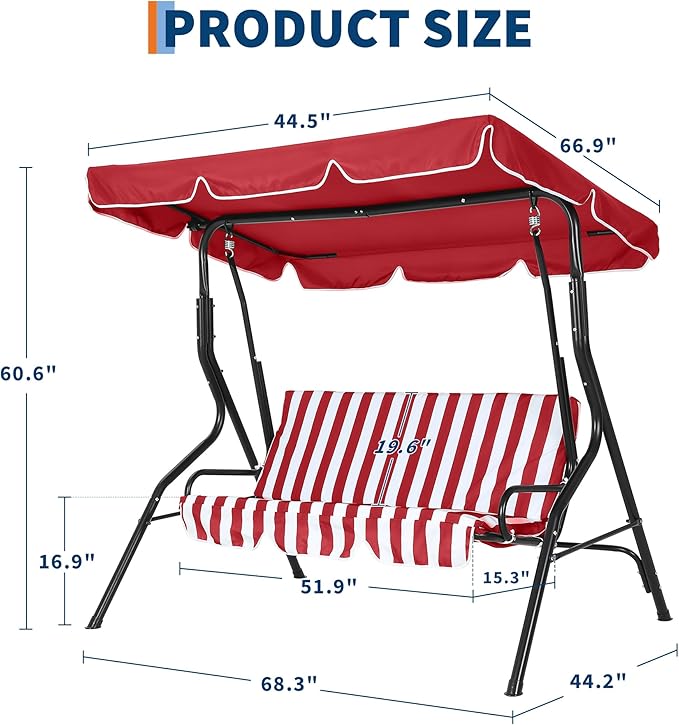 Outdoor Porch Swing Chair with Adjustable Canopy & Striped Seat Cushion for Adults 3-Seat Patio Glider Bench with Thick Cushions Steel Frame Outdoor Swing Chair for Backyard Lawn Garden Red