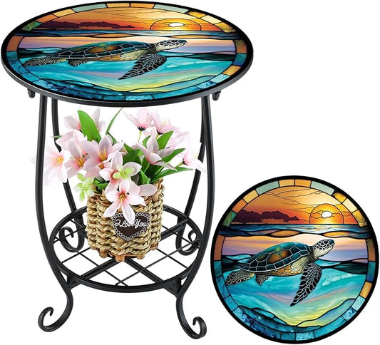 Outdoor Side Table Round Small Mosaic Patio Accent Indoor End Plant Coffee Tea Table for Yard Patio Porch Garden Living Room, Bedroom(Turtle Style,14 Inch)
