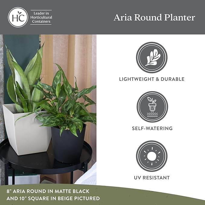 The HC Companies Aria Round Self-Watering Pot - Lightweight Plastic Planter for Herbs & More - Durable Plant Pots for Indoor Plants & Outdoor Plants (8" Glossy White, Pack of 1)