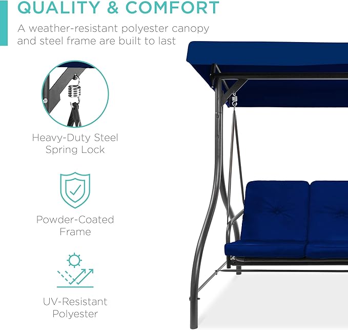 Best Choice Products 3-Seat Outdoor Large Converting Canopy Swing Glider, Patio Hammock Lounge Chair for Porch, Backyard w/Flatbed, Adjustable Shade, Removable Cushions - Navy