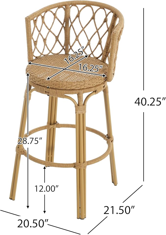 Christopher Knight Home Harrison 28.75"H Outdoor Barstools Set of 2, Rattan Bar Chair, Barrel Backrest Counter Stool, Country Style Bistro Stool, Patio Barstools for Gardern Orchard Yard, Light Brown