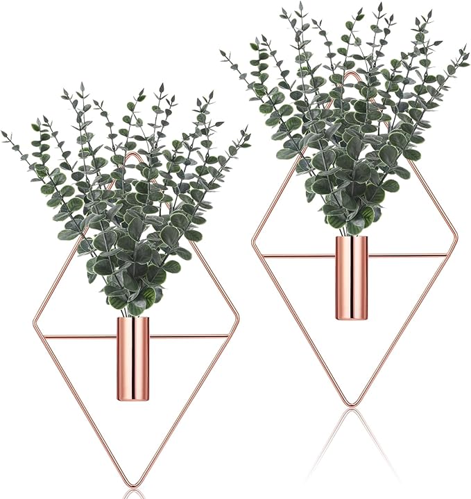 Jexine 4 Pcs Hanging Planters with Artificial Eucalyptus Metal Hanging Vase Indoor Plants Holder Modern Geometric Boho Bathroom Wall Decor for Living Room Home Office (Eucalyptus,Rose Gold)
