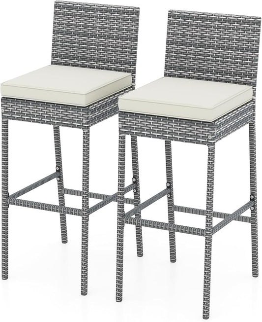 HAPPYGRILL Patio Wicker Barstools Set of 2, Outdoor Bar Height Chair w/Soft Seat Cushion & Cozy Footrest, Heavy-Duty Metal Frame, 400 lbs Max Load, Rattan Armless Bar Chairs