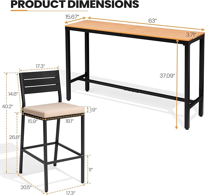 Crestlive Products Outdoor Bar Table and Chairs Set, 3 Piece Outside Patio Bar Set with 63" Long Bar Table and 2 Bar Stools for Balcony, Bistro, Garden, Backyard(Brown Desktop and Beige Cushion)