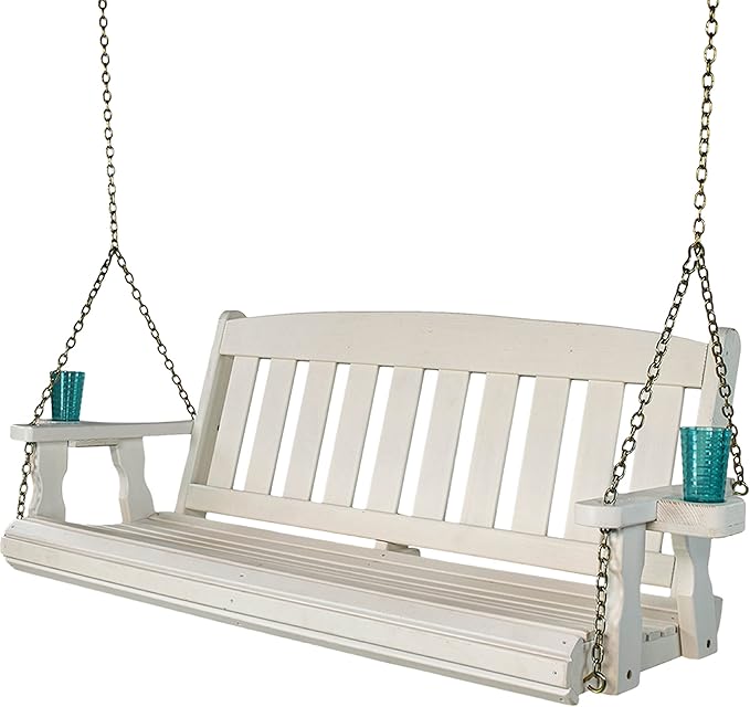 Amish Casual Heavy Duty Mission Treated Porch Swing, 6-Foot, Semi-Solid White Stain, 8Ft Chains, with Cups