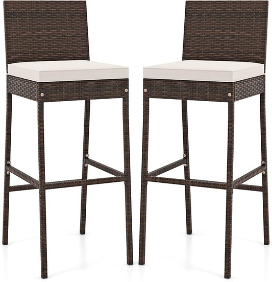 HAPPYGRILL Wicker Patio Barstools Set of 2, Outdoor Rattan Bar Chairs with Footrest & Backrest, Armless High Top Chairs with Seat Cushions for Backyard, Balcony