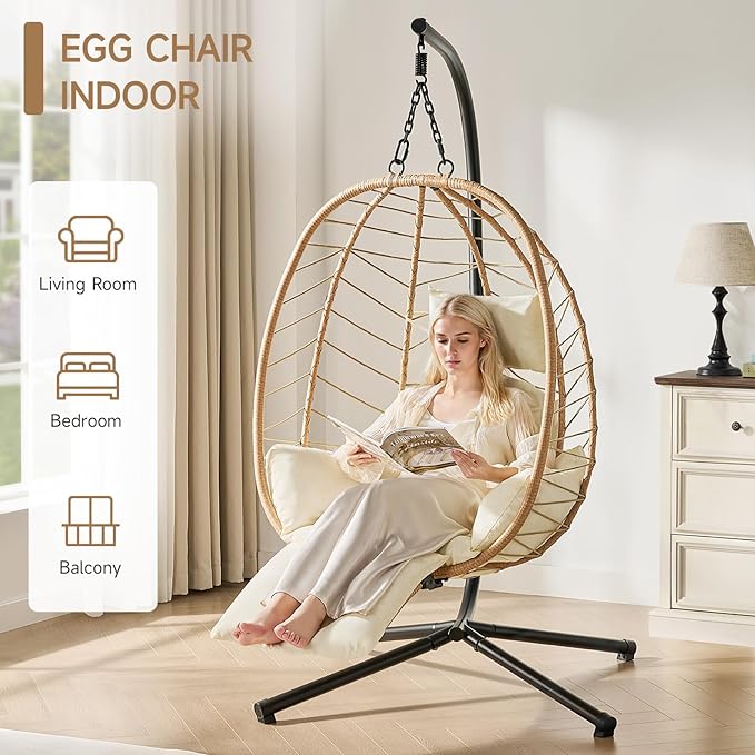 ONBRILL Hanging Egg Chair with Adjustable Footrest & Stand, Wicker Rattan Swing Hammock Chair with Cushion & Double Chains, 350LBS Capacity for Outdoor & Indoor Patio, Deck, Bedroom, Balcony (YE-BE)