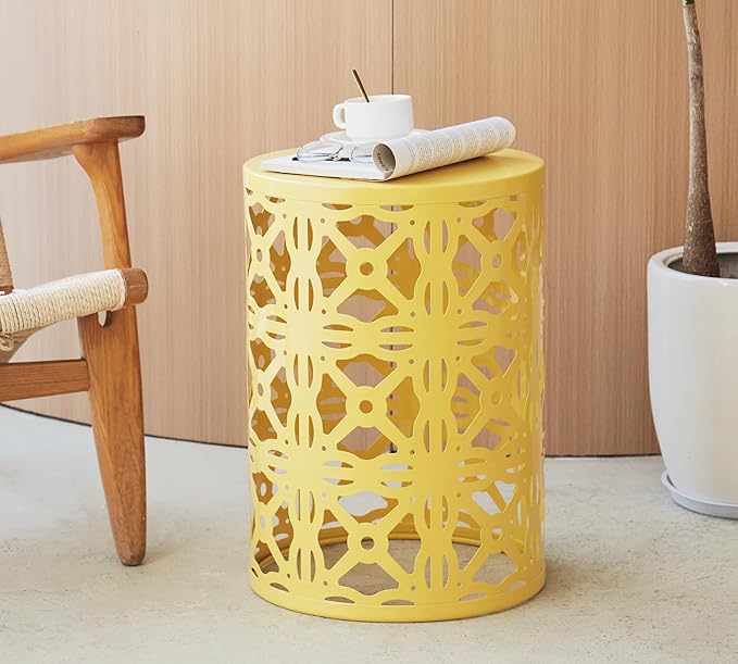 HFHOME Set of 3 Metal Outdoor Side Table, Nesting Round Coffee Table for Indoor Outdoor, Heavy Duty End Tables Plant Stand Living Room Garden Stool - Yellow