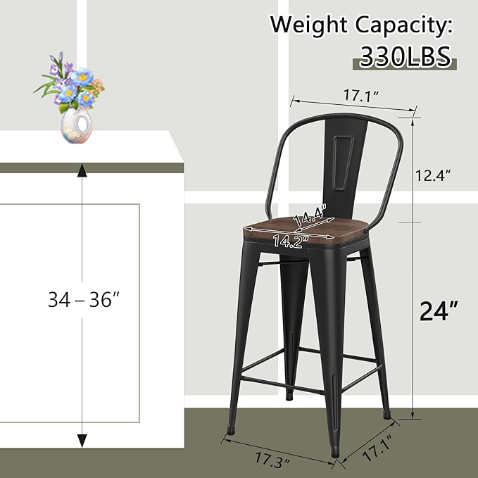 Yongqiang Barstools Set of 4 Counter Height Bar Stools for Kitchen Island Farmhouse Metal High Back Bar Chairs Wooden Seat 24" Matte Black