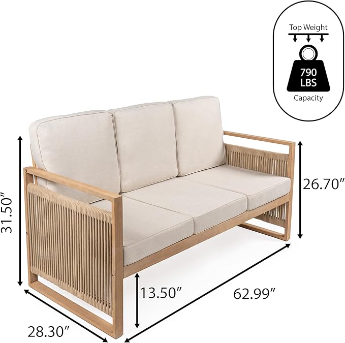 JONATHAN Y SFB1002A Gable 3-Seat Mid-Century Modern Roped Acacia Wood Outdoor Sofa with Cushions Scandinavian, Classic, Transitional, Industrial for Backyard, Patio, Porch, Beige/Light Teak
