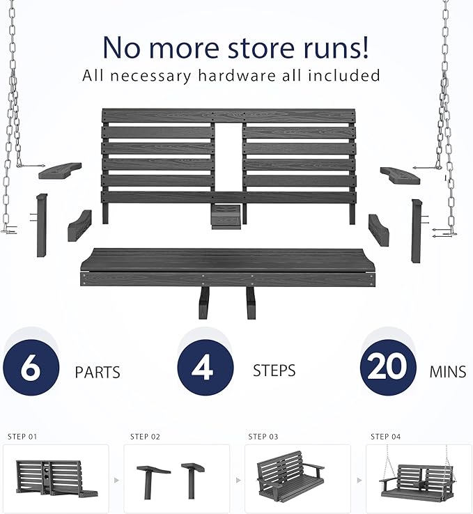 KINGYES Outdoor Hanging Patio Swing Chair Set of 4, 2 Seat Bench with Cup Holders, Waterproof for Courtyard & Garden, 660LBS Weight Capacity, Gray