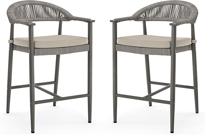 Bar Stools Set of 2, 24.8'' Aluminum Outdoor Bar Stool with Removable Cushion, Boho Rattan BarStools, Olefin Rope Woven Bar Chairs with Footrest for Patio, Garden, Pool, Kitchen, Gray