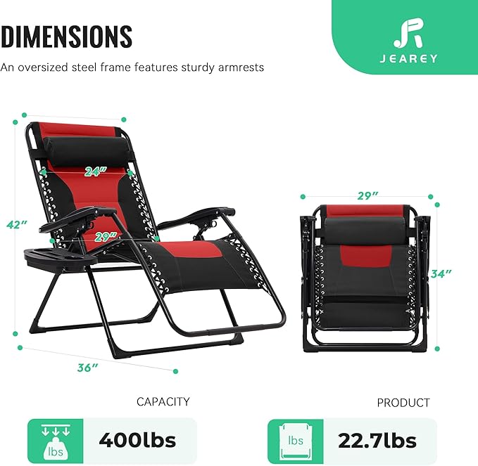 JEAREY Oversized Padded Zero Gravity Chairs, Folding Lounge Chair Outdoor Patio Recliner, Anti Gravity Chair for Backyard with Headrest, Cup Holder, Side Tray, Polyester Mesh - Black/Red
